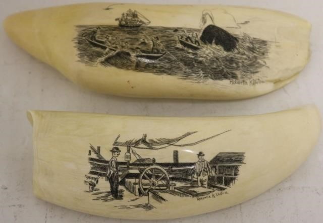 2 LATE 20TH C SCRIMSHAW WHALE TEETH