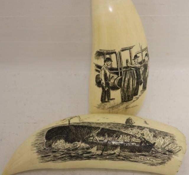 2 LATE 20TH C SCRIMSHAW WHALES