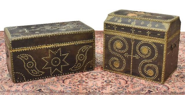 (2) LEATHER-CLAD TRUNKS W/ BRASS