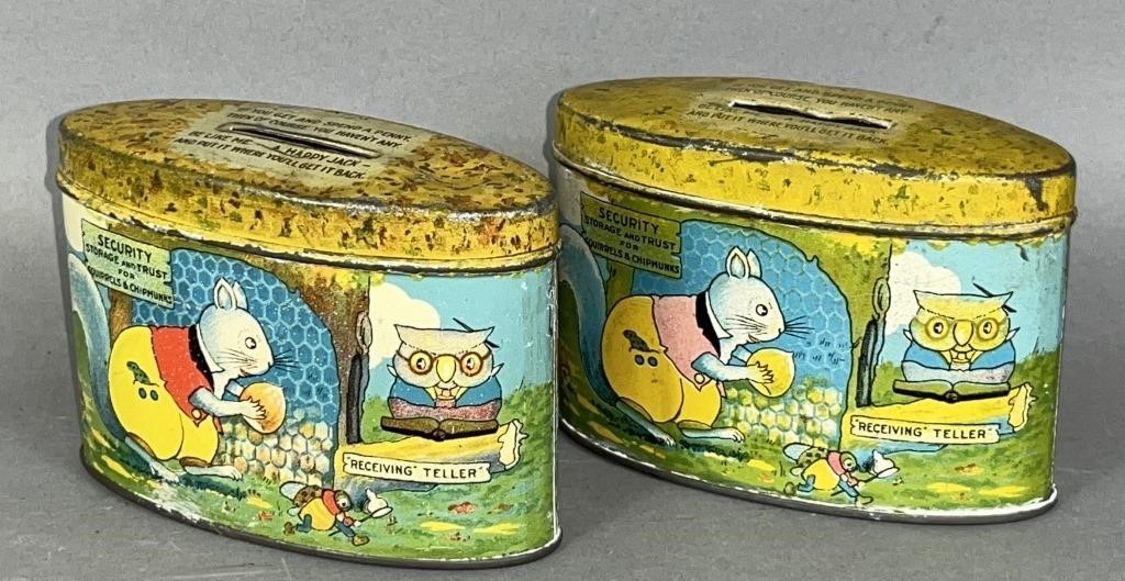 2 LITHOGRAPH CANDY TIN BANKS CA.