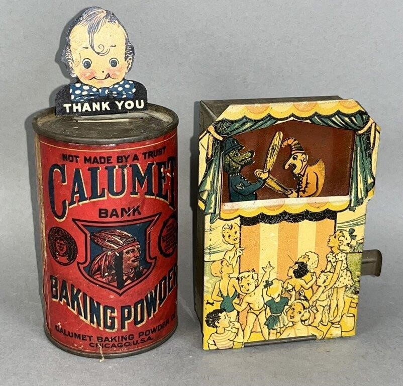 2 LITHOGRAPH TIN BANKS CA.