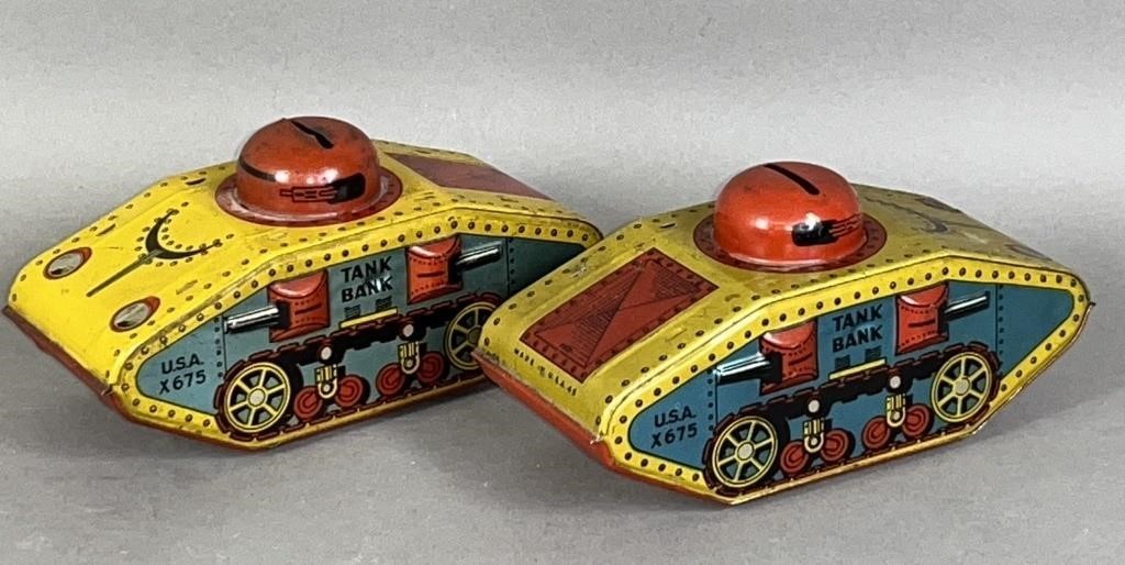 2 LITHOGRAPH TIN TANK BANKS CA.