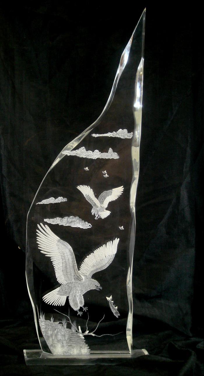 2 lucite sculpture, one obelisk,