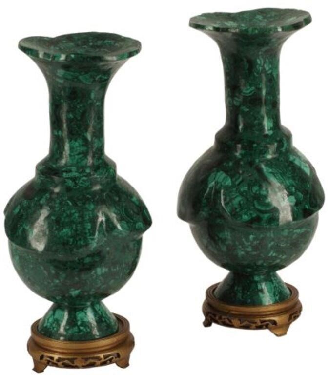 (2) MALACHITE TILED VASES ON CARVED