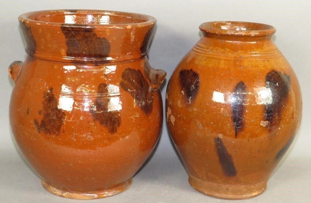 2 MANGANESE SPONGED REDWARE JARSca.