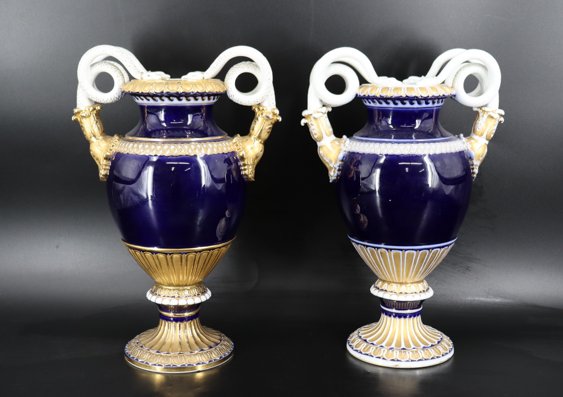 2 MEISSEN COBALT & GILT SNAKE