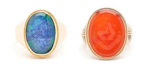 2 MEN'S GOLD RINGS, OPAL &