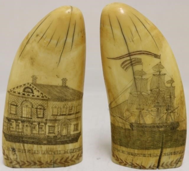 2 MID-19TH C SCRIMSHAW WHALE TEETH.