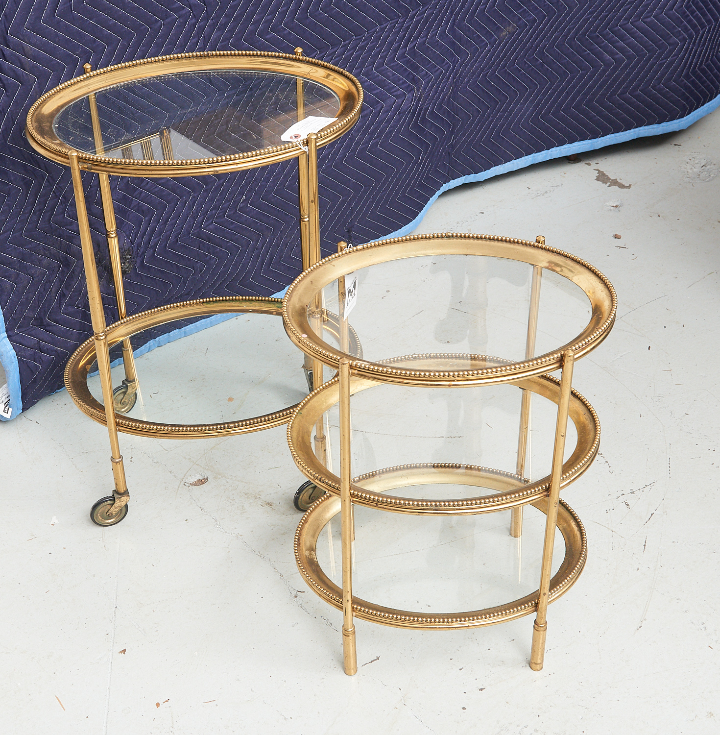 (2) MID-CENTURY BRASS, GLASS TIERED