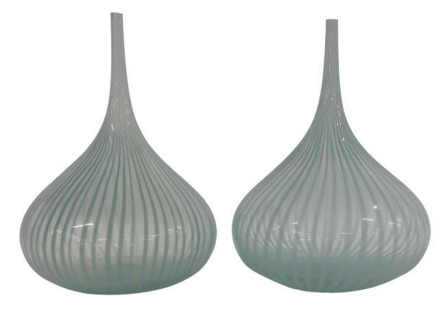 (2) MINT GREEN STRIPED ART GLASS