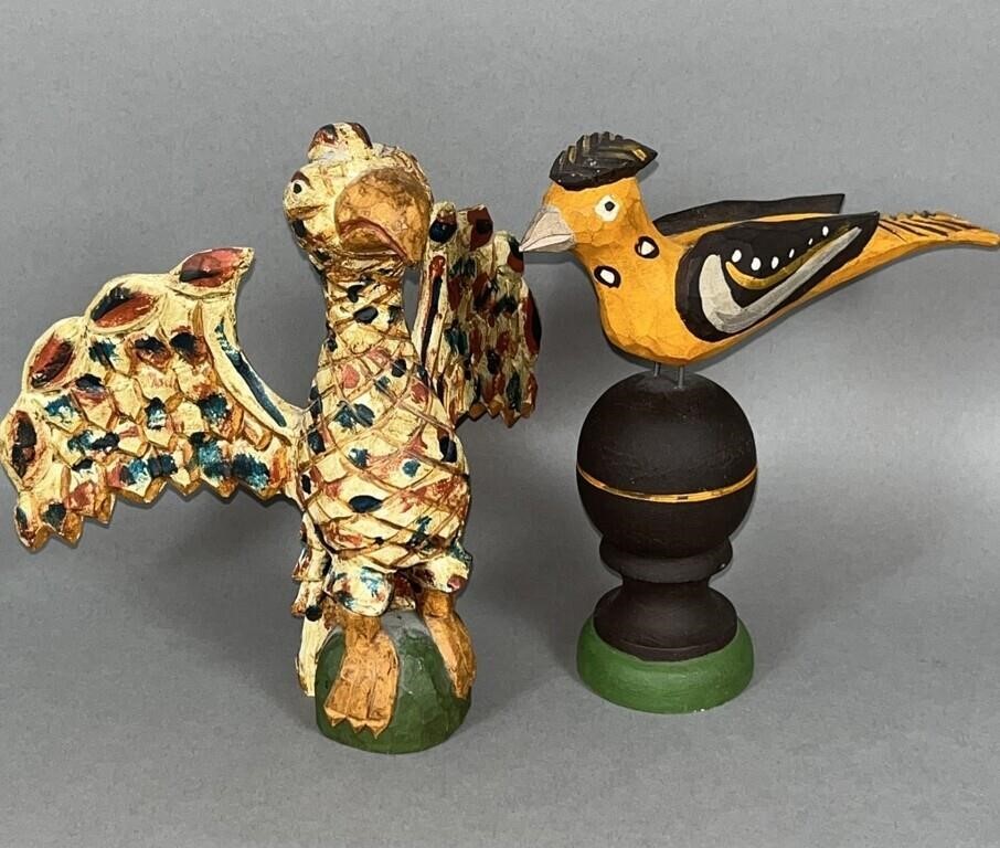 2 MODERN FOLK ART CARVED BIRDS BY