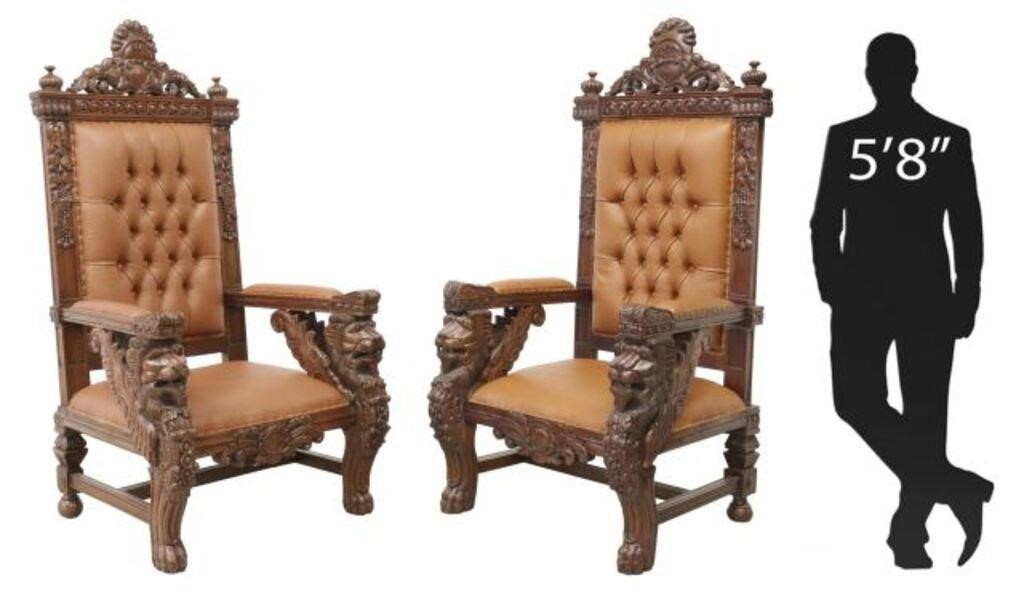 (2) MONUMENTAL CARVED MAHOGANY