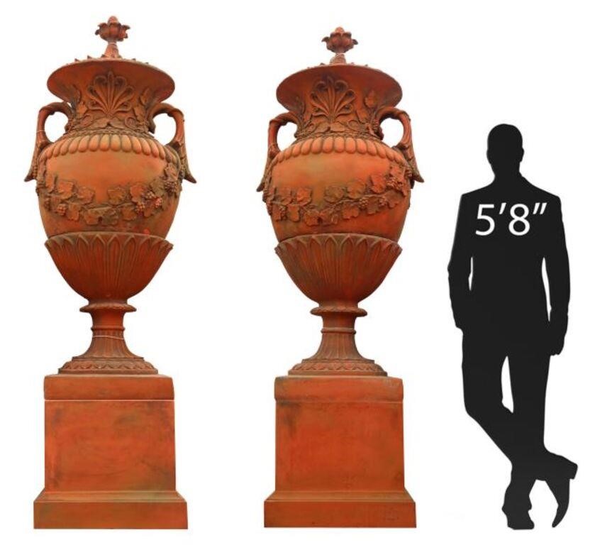 (2) MONUMENTAL CAST STONE URNS &