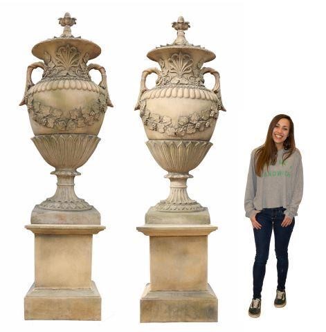 (2) MONUMENTAL CAST STONE URNS &