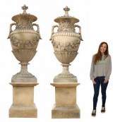 (2) MONUMENTAL CAST STONE URNS