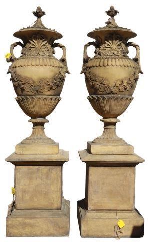 (2) MONUMENTAL CAST STONE URNS &
