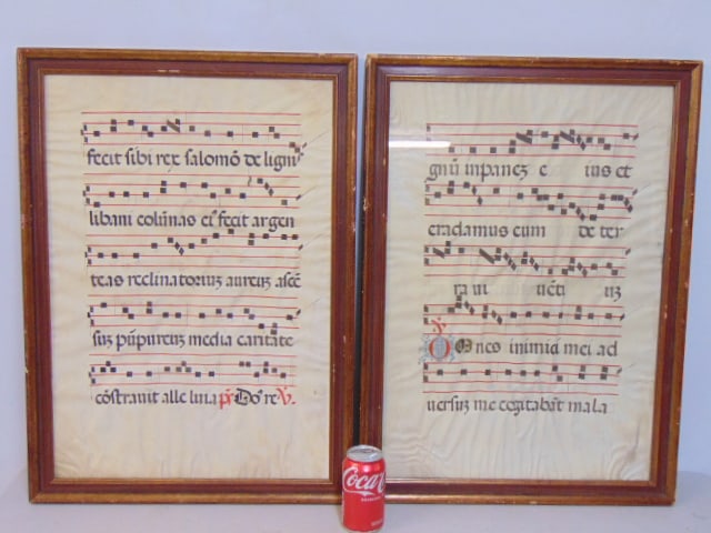 2 MUSIC SHEETS ON VELLUM, FRAMED,