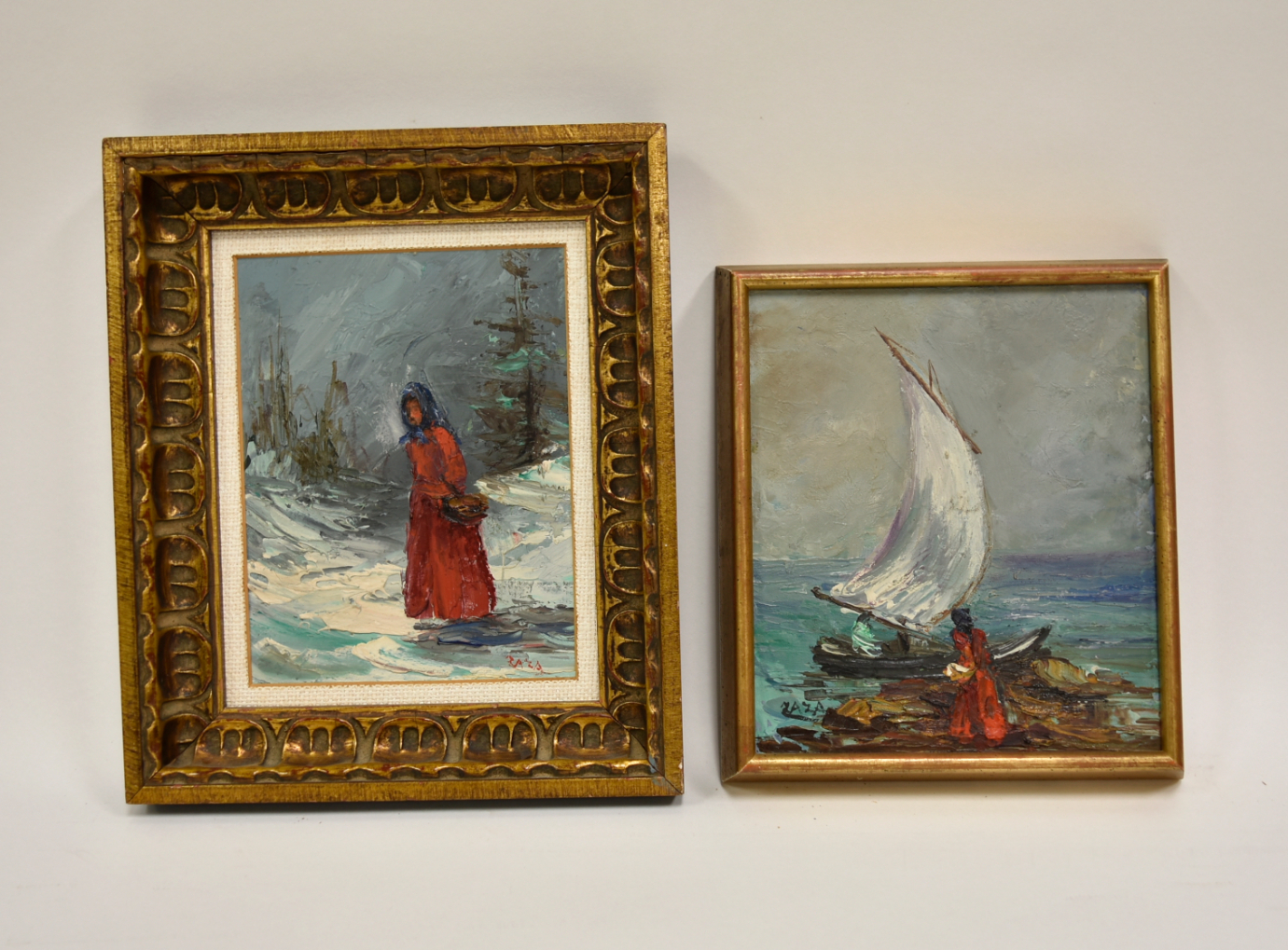 2 OIL ON PANEL OF FIGURAL IN WINTER