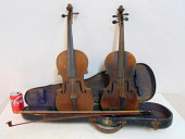 2 OLD VIOLINS & BOWS, STRADIVA