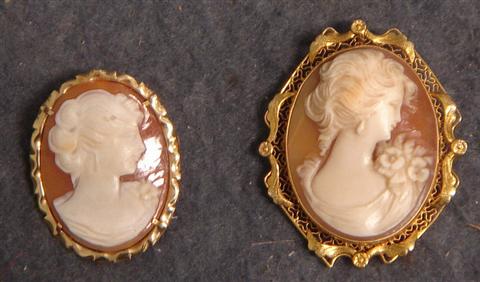 2 oval 14K YG carved shell cameo