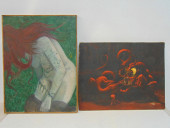 2 PAINTINGS, NUDE WITH RED HAI