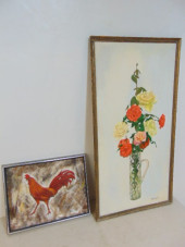 2 PAINTINGS, ROOSTER & FLORAL