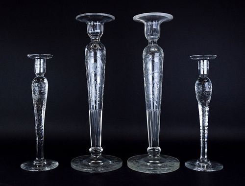 2 PAIR ENGRAVED GLASS CANDLESTICKS2