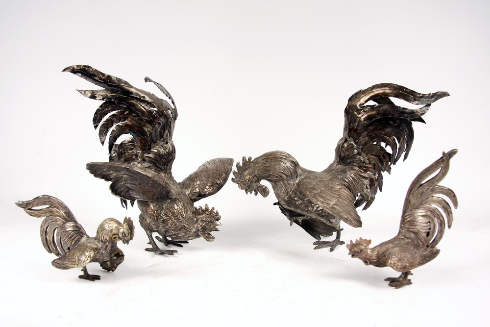 (2 PAIR) SILVERPLATE FIGHTING COCKS