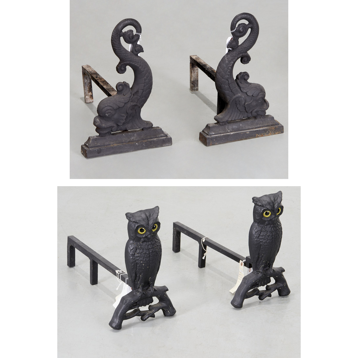 (2) PAIRS VINTAGE ANDIRONS, OWLS