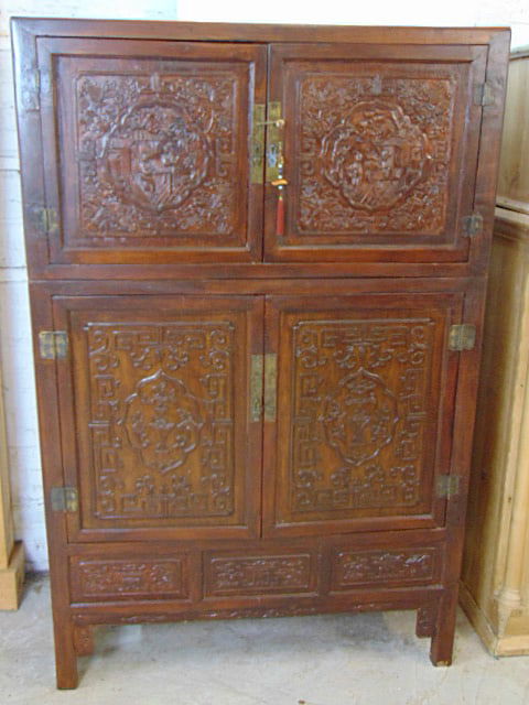 2 PART CHINESE CARVED CABINET,