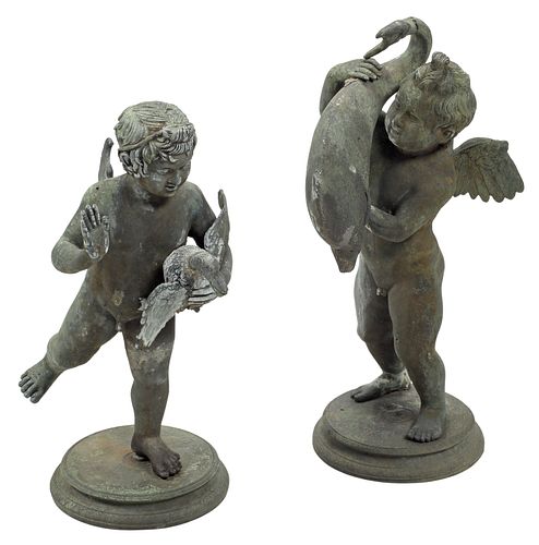 (2) PATINATED BRONZE CUPIDS WITH