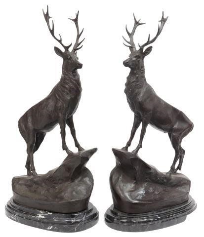 (2) PATINATED BRONZE STAGS AFTER