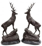 (2) PATINATED BRONZE STAGS AFT