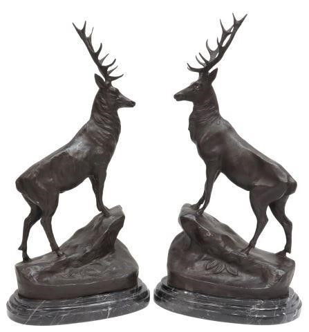 (2) PATINATED BRONZE STAGS AFTER