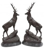 (2) PATINATED BRONZE STAGS AFT