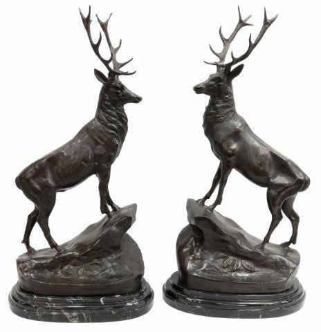 (2) PATINATED BRONZE STAGS AFTER