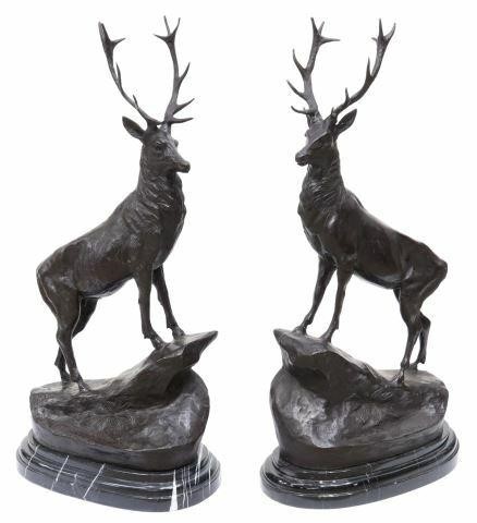 (2) PATINATED BRONZE STAGS AFTER