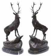 (2) PATINATED BRONZE STAGS AFT