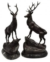 (2) PATINATED BRONZE STAGS AFT
