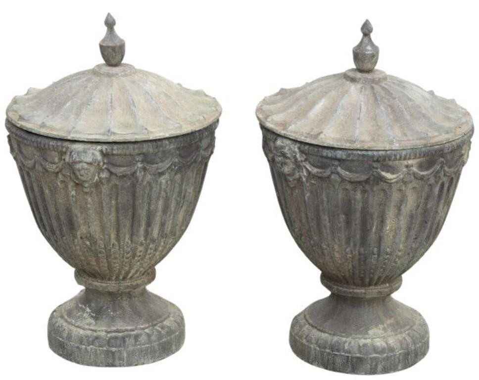 (2) PATINATED CAST IRON LIDDED