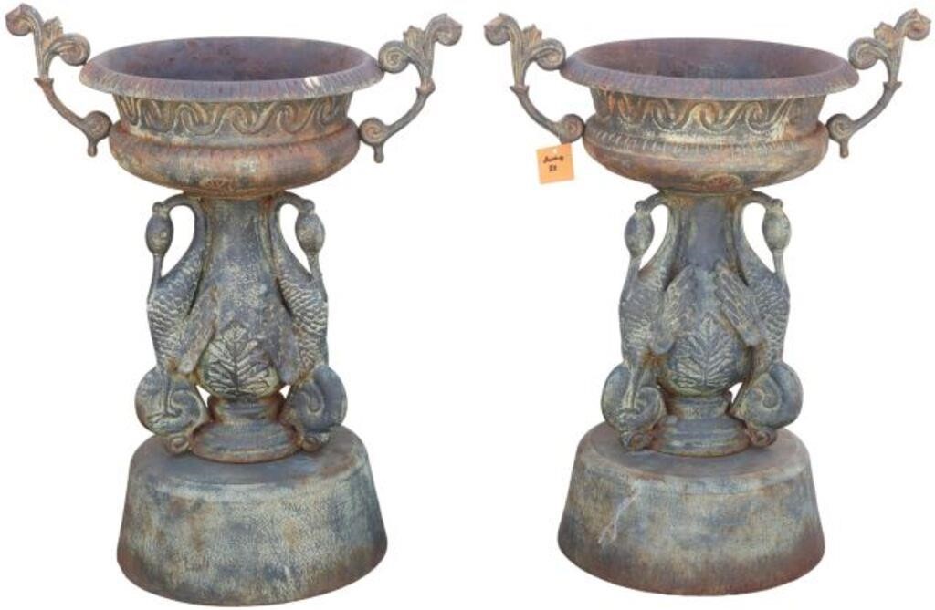 (2) PATINATED CAST IRON SWAN GARDEN