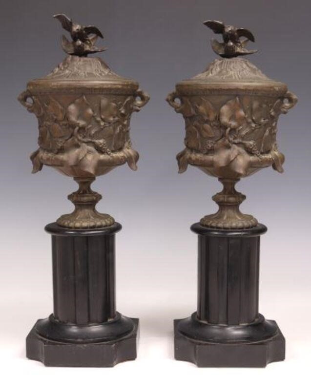 (2) PATINATED METAL URN