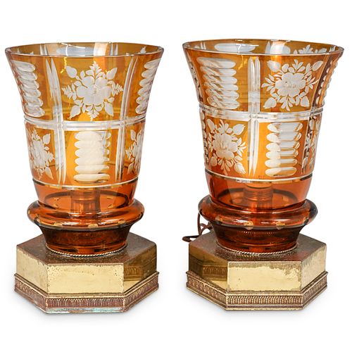 (2 PC) BOHEMIAN AMBER CRYSTAL TABLE