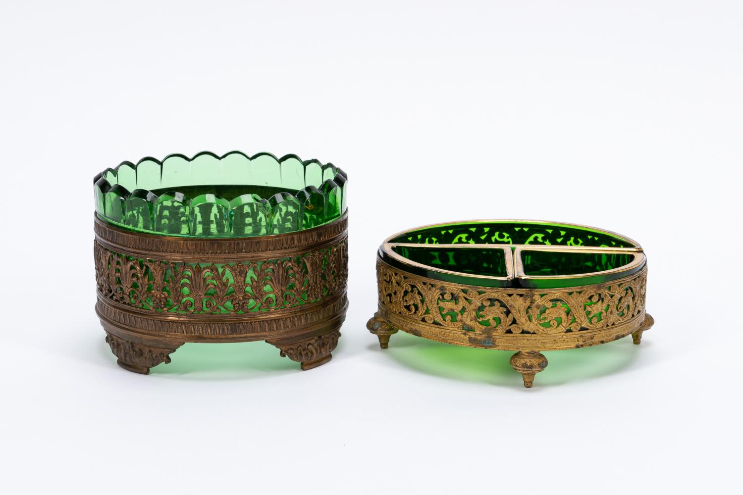 2 PC CONTINENTAL GREEN GLASS GILT