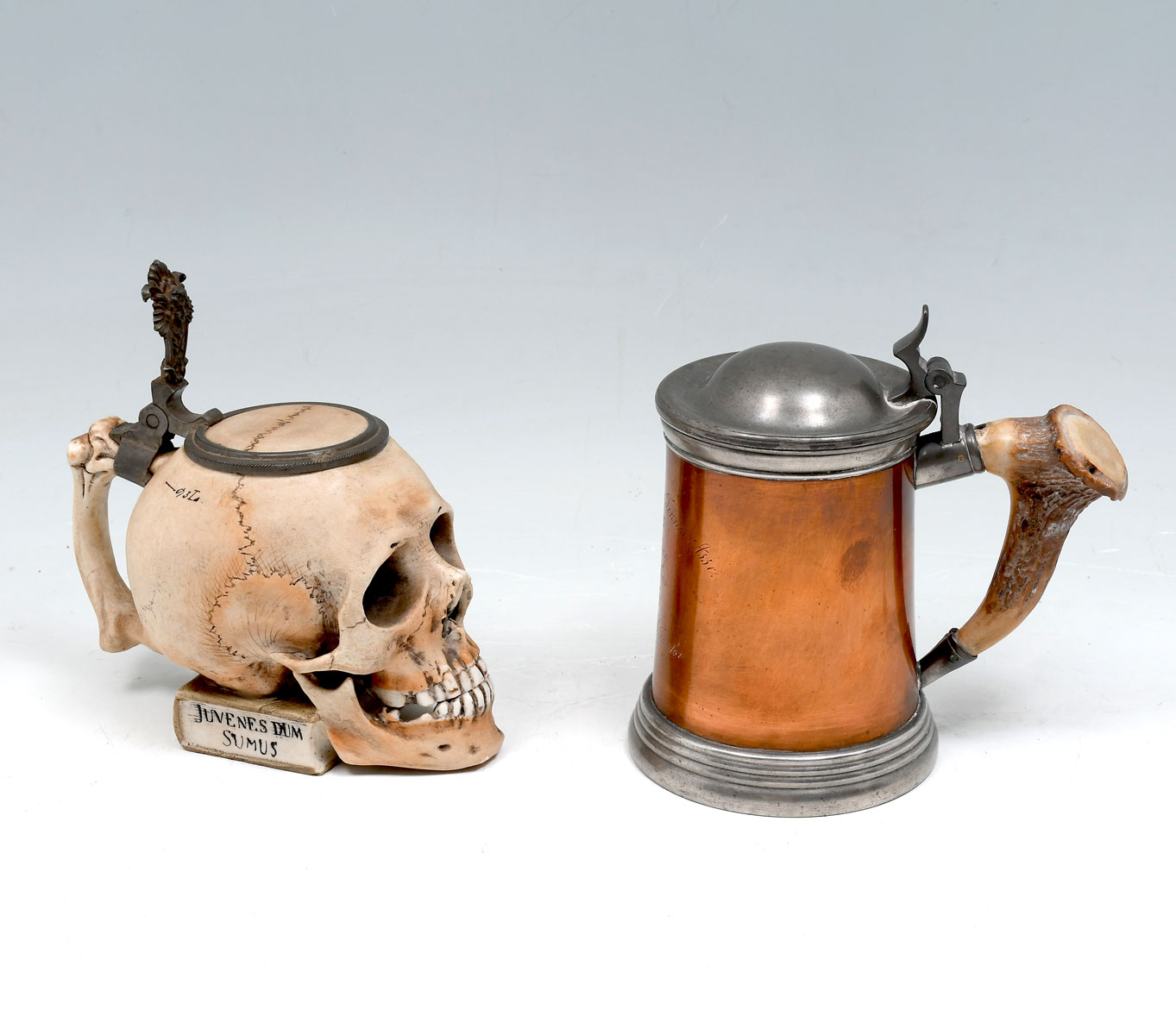 2 PC. COPPER & PORCELAIN SKULL