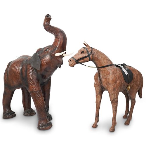 (2 PC) COVERED LEATHER ELEPHANT AND