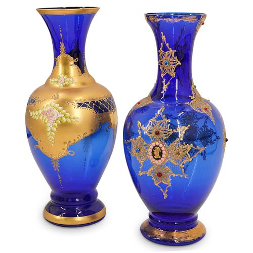 (2 PC) GILDED ENAMEL COBALT GLASS