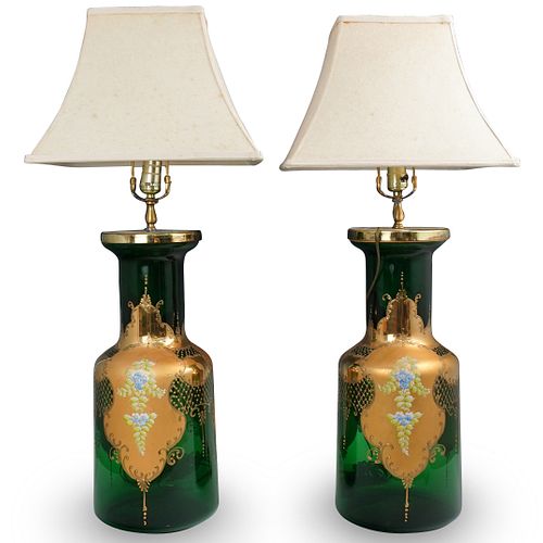 (2 PC) GREEN BOHEMIAN GLASS