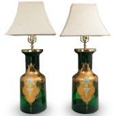 (2 PC) GREEN BOHEMIAN GLASS LA