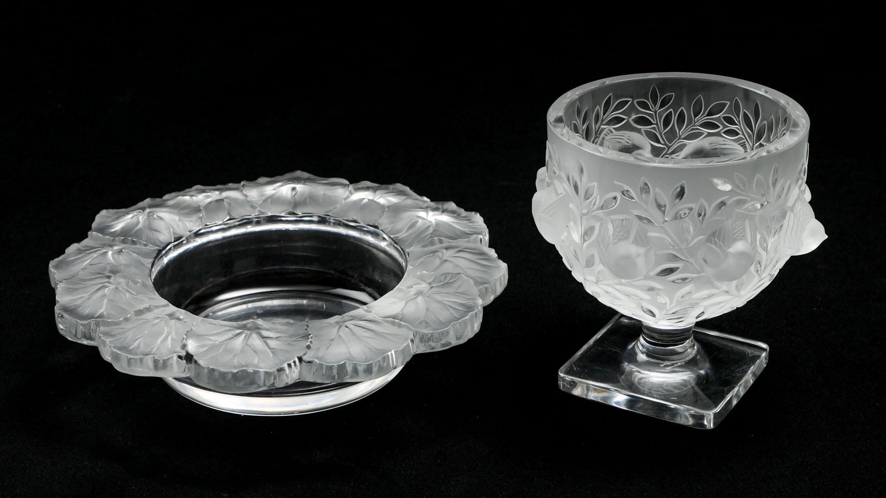 2 PC LALIQUE SPARROW VASE AND